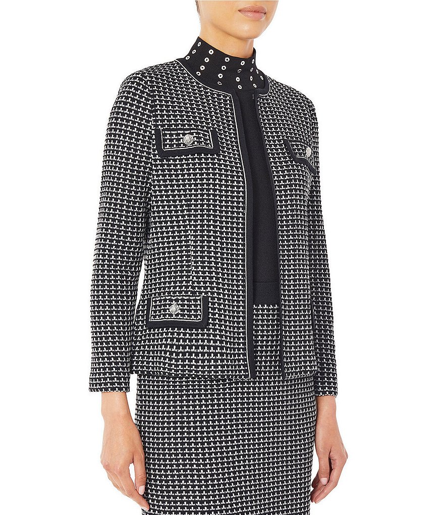 Ming Wang Contrast Grid Pattern Knit Round Neck Jacket
