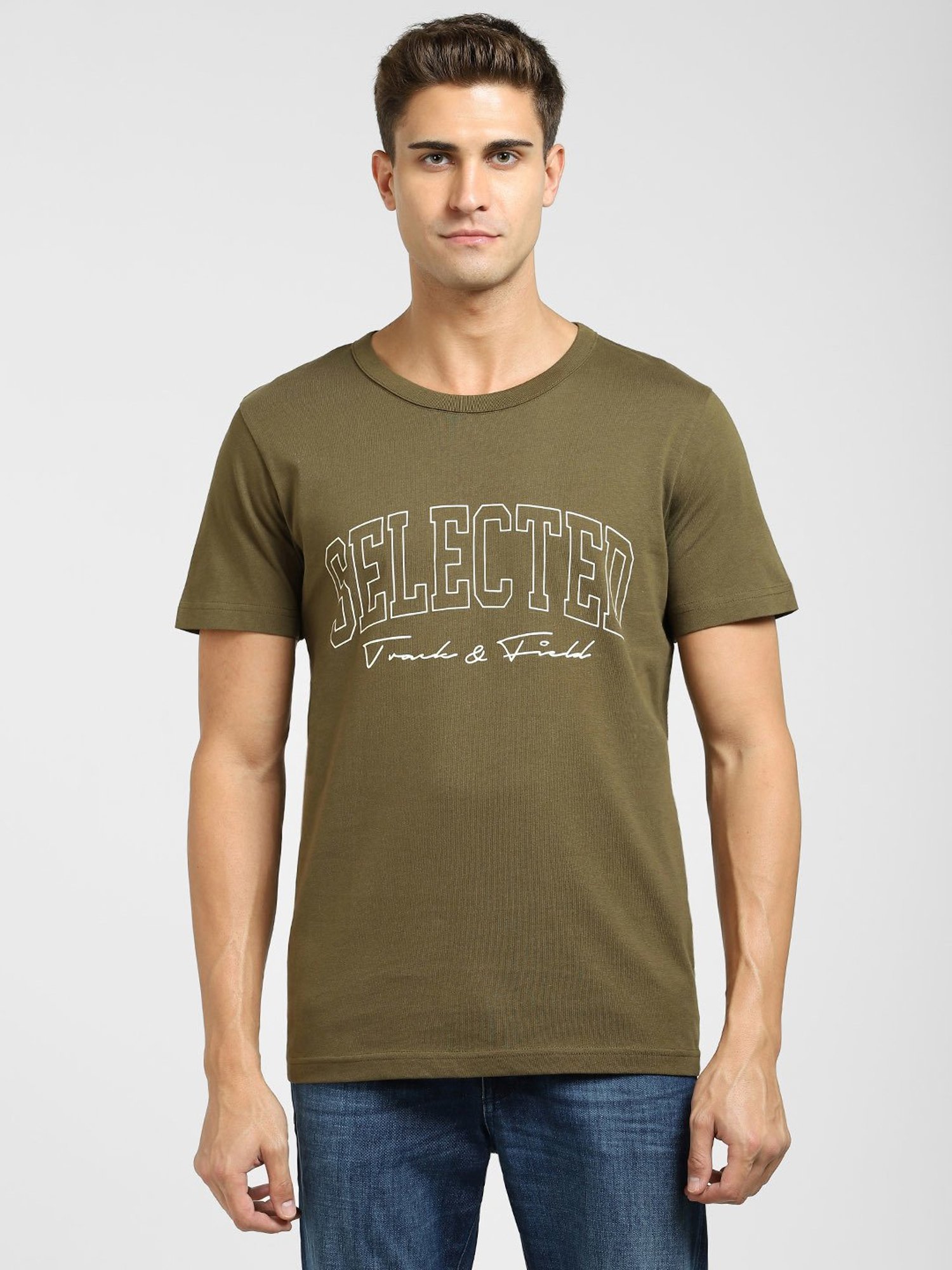 SELECTED HOMME Dark Olive Cotton Regular Fit Logo Printed T-Shirt