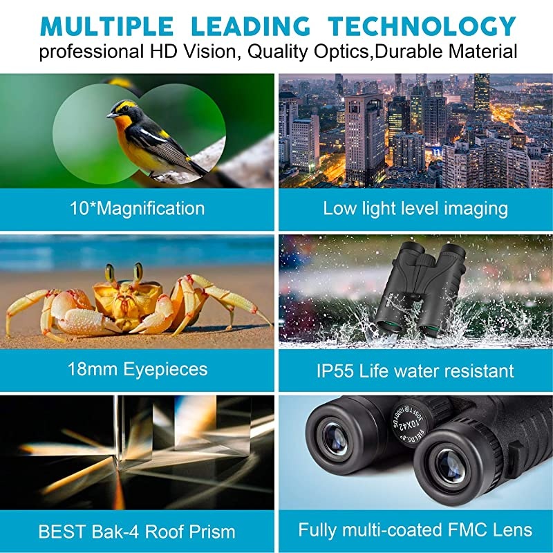 10x42 Binoculars for Adults Professional HD Roof BAK4 Prism Lens Binoculars for Bird Watching Hunting Travel Sports Opera Concert with Carrying Bag 10 lbs