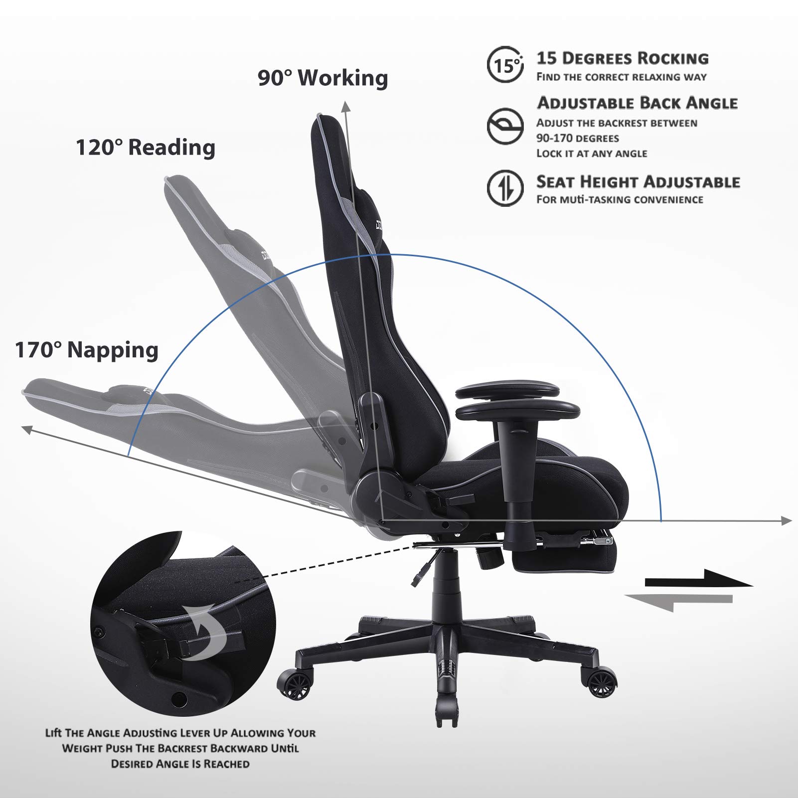 Dowinx Gaming Chair Breathable Fabric Office Chair with Massage Lumbar Support, High Back Ergonomic Comouter Chair Adjustable Swivel Task Chair with Footrest (Blue)