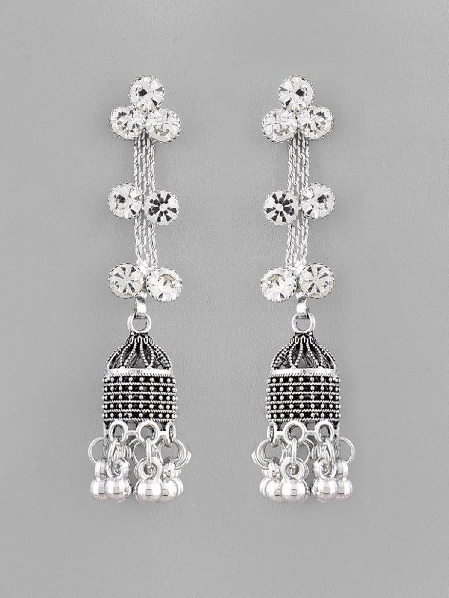 VOJ Studded Oxidised Silver Plated Contemporary Drop Earrings for Women