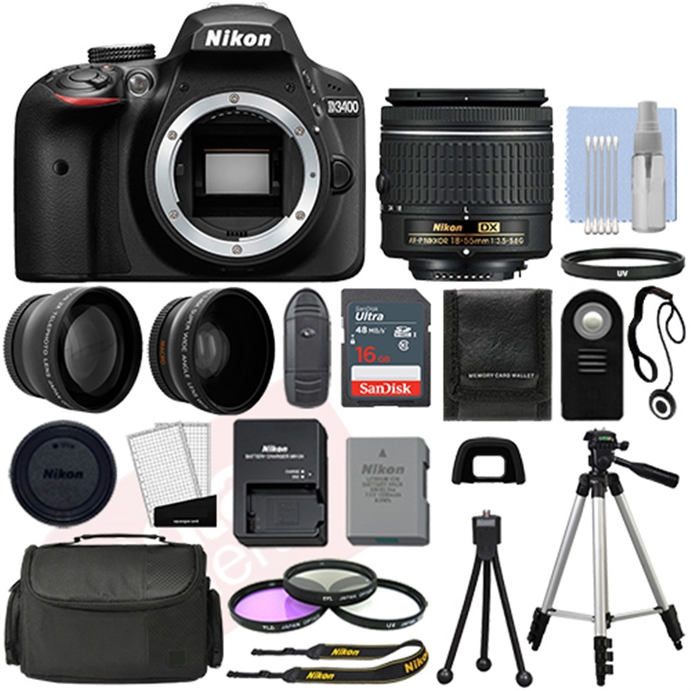 Nikon D3400 Digital SLR Camera Black + 3 Lens: 18-55mm Lens + 16GB Bundle