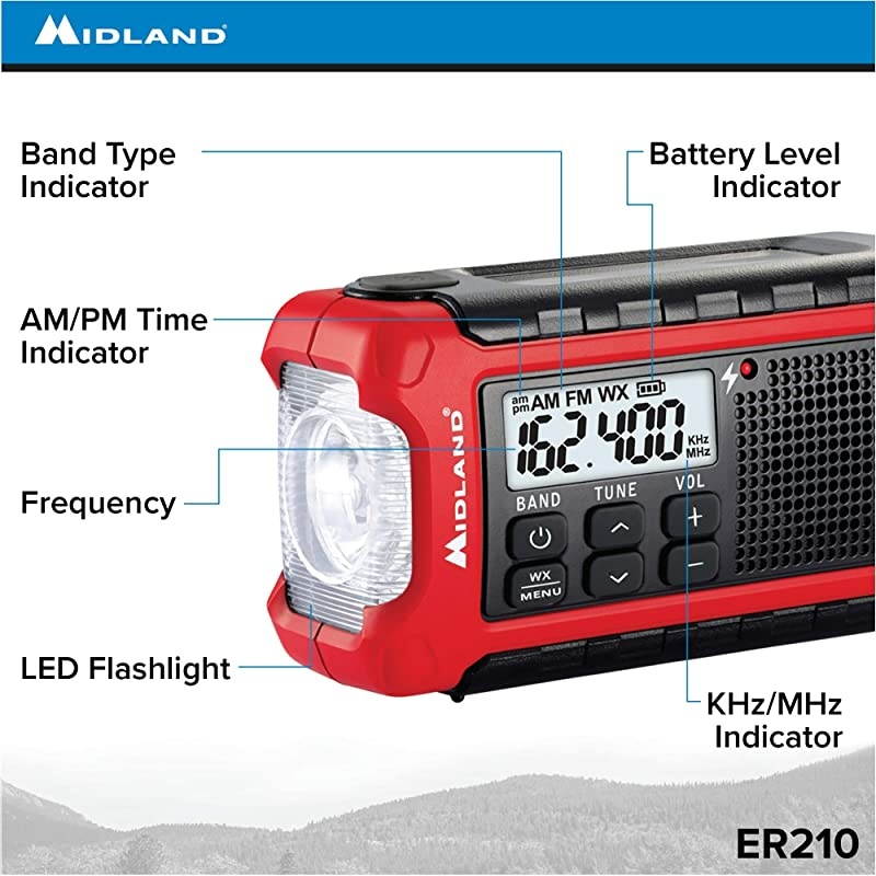 ER210 Emergency Compact Crank Weather AMFM Radio Multiple Power Sources SOS Emergency Flashlight NOAA Weather Scan + Alert amp SmartphoneTablet Charger RedBlack