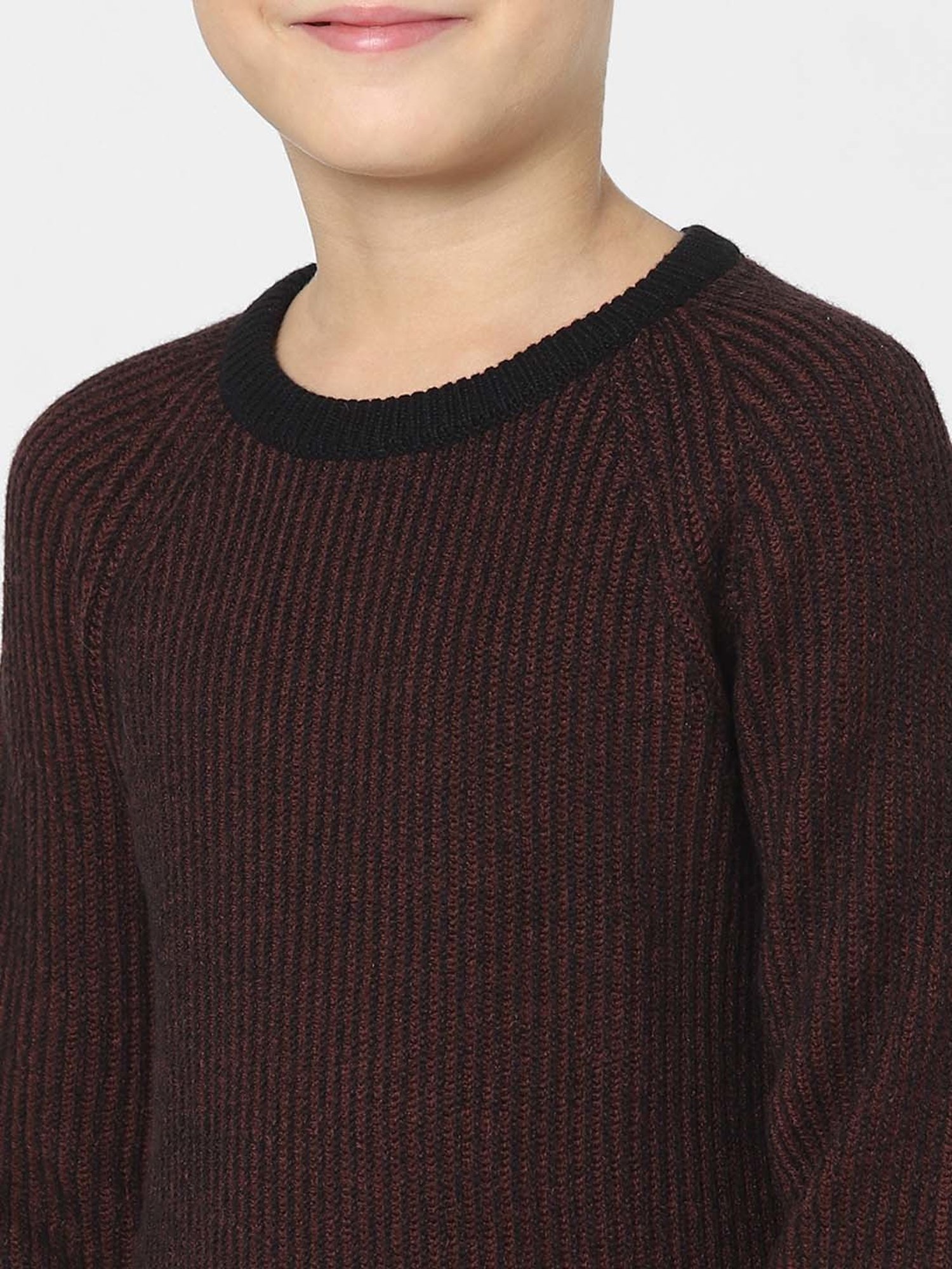 Jack & Jones Junior Maroon & Black Printed Full Sleeves Sweater