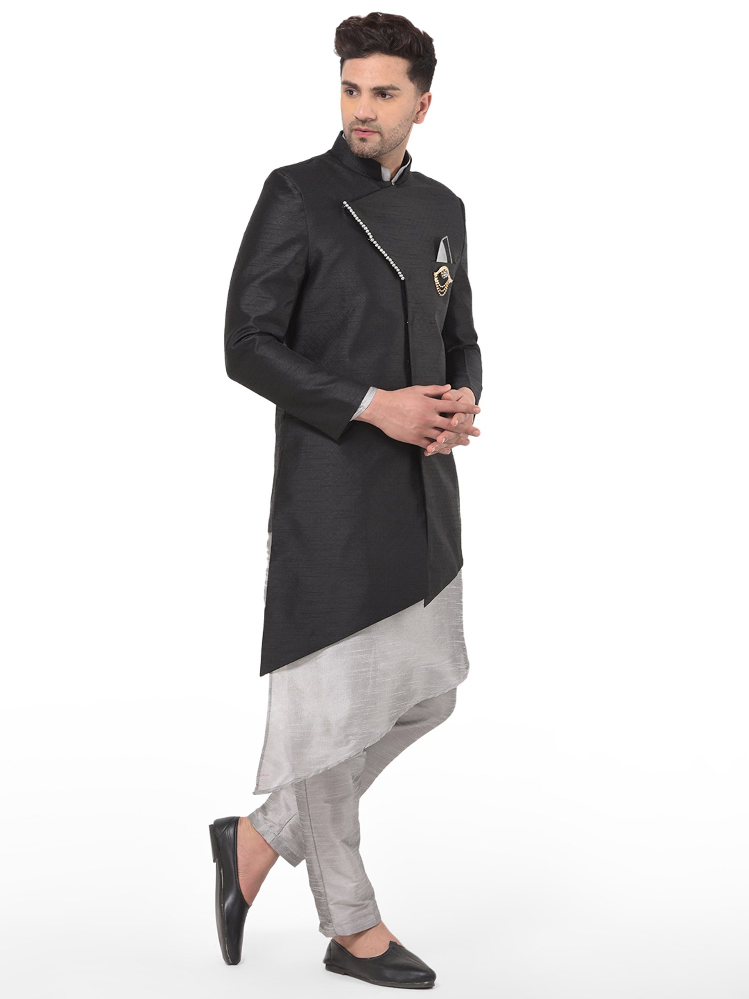 SG RAJASAHAB Grey & Black Regular Fit Kurta Set