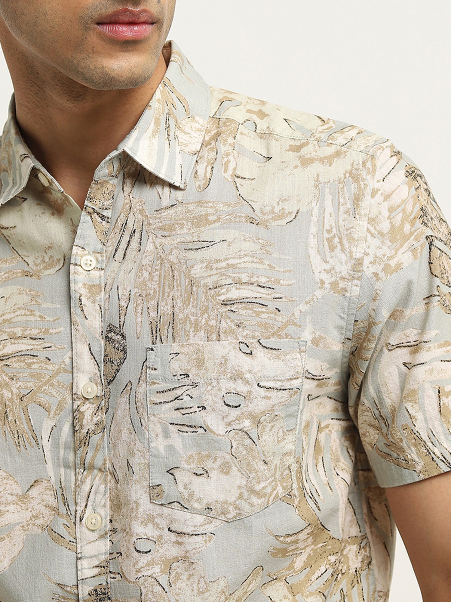 WES Casuals by Westside Beige Leaf Printed Slim-Fit Cotton Shirt