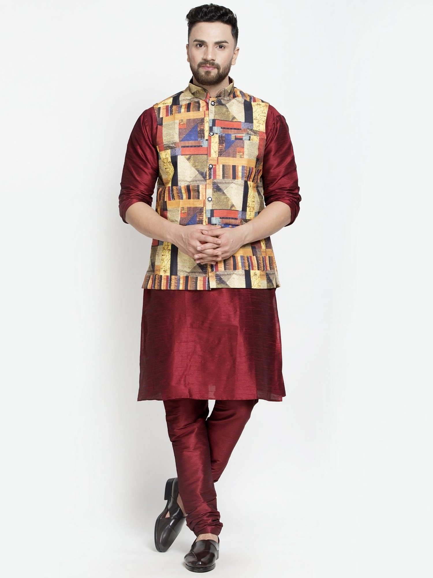 Benstoke Maroon & Multicolor Regular Fit Geometric Kurta Set With Jacket