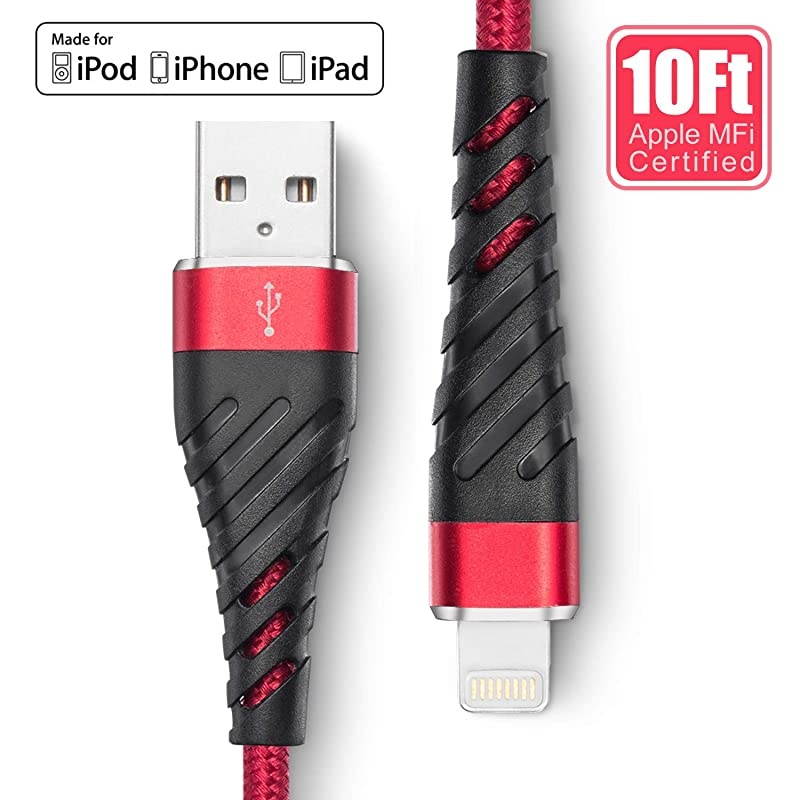 Charger 10 ft, [ MFi-Certified] Lightning Cable 10 Foot,Long Durable Braided 10 feet Nylon Metal Connector Charger Cord Compatible with 11/11Pro/11Max/ X/XS/XR/XS Max/8/7/6/5S/SE
