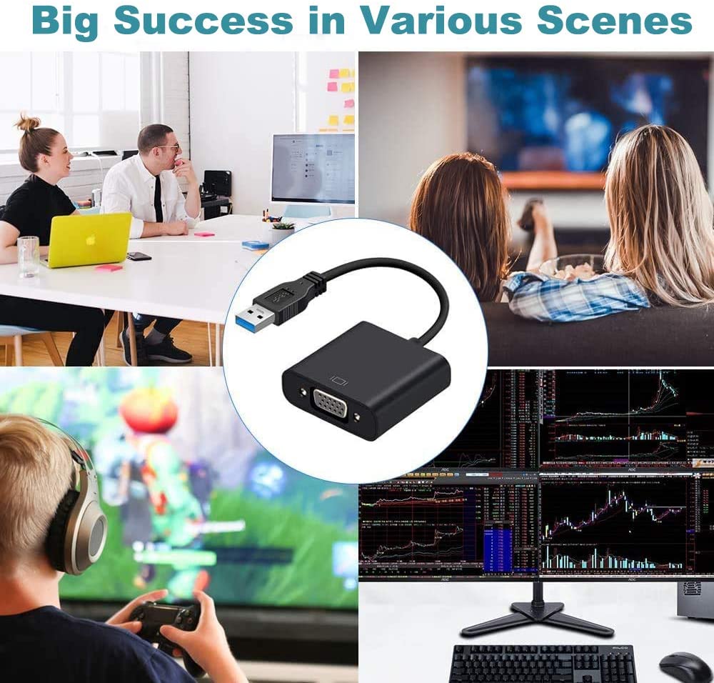 USB 3.0 to VGA Adapter, 1080P Multi-Display Video Adapter Converter External Video Graphics Card Multi Monitor Display, Compatible with Windows 10/8.1/8/7/XP for PC Laptop Desktop Projector