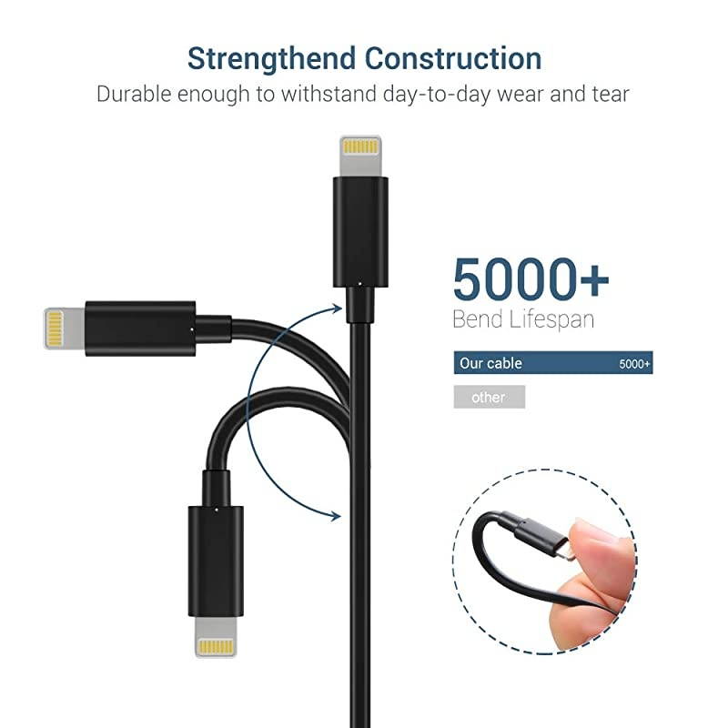 MFi Certified Lightning Cable 3Pack 6FT Long USB Charging Cable Compatible with iPhone 11 Pro Xs Max XS XR X 8 7 6S 6 Plus SE 5S 5C 5 iPad iPod and More Black