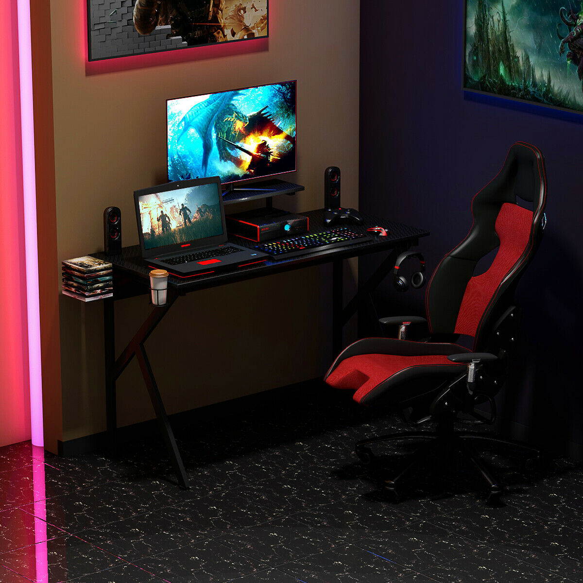 Gaming Desk Computer Desk PC Table Workstation with Cup Holder & Headphone Hook