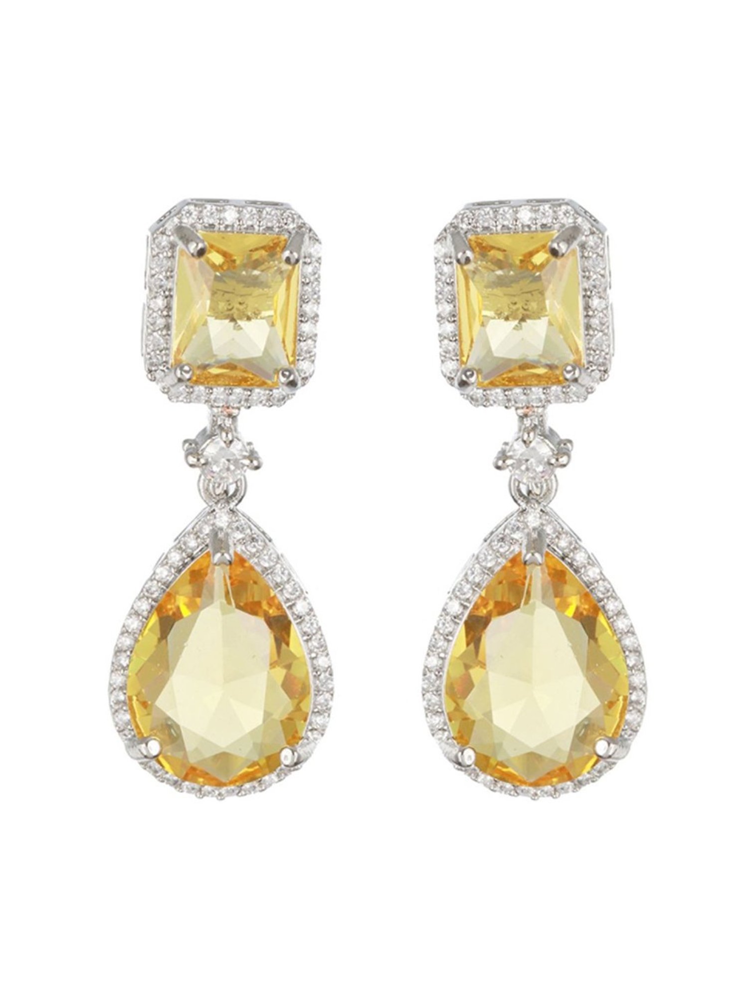 Aatmana Silver-Toned & Yellow Teardrop Shaped Drop Earrings for Women