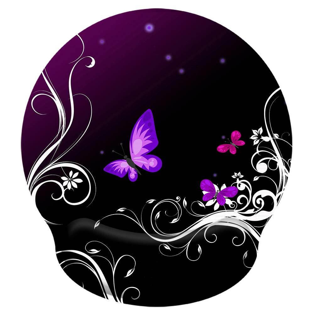 iColor Mouse Pad with Wrist Rest Nonslip Ergonomic Memory Foam Pain Relief Mousepad Desk Mat (9"x10") for Office Gaming Computer Laptop at Home/Work (Purple Butterfly&Flower)