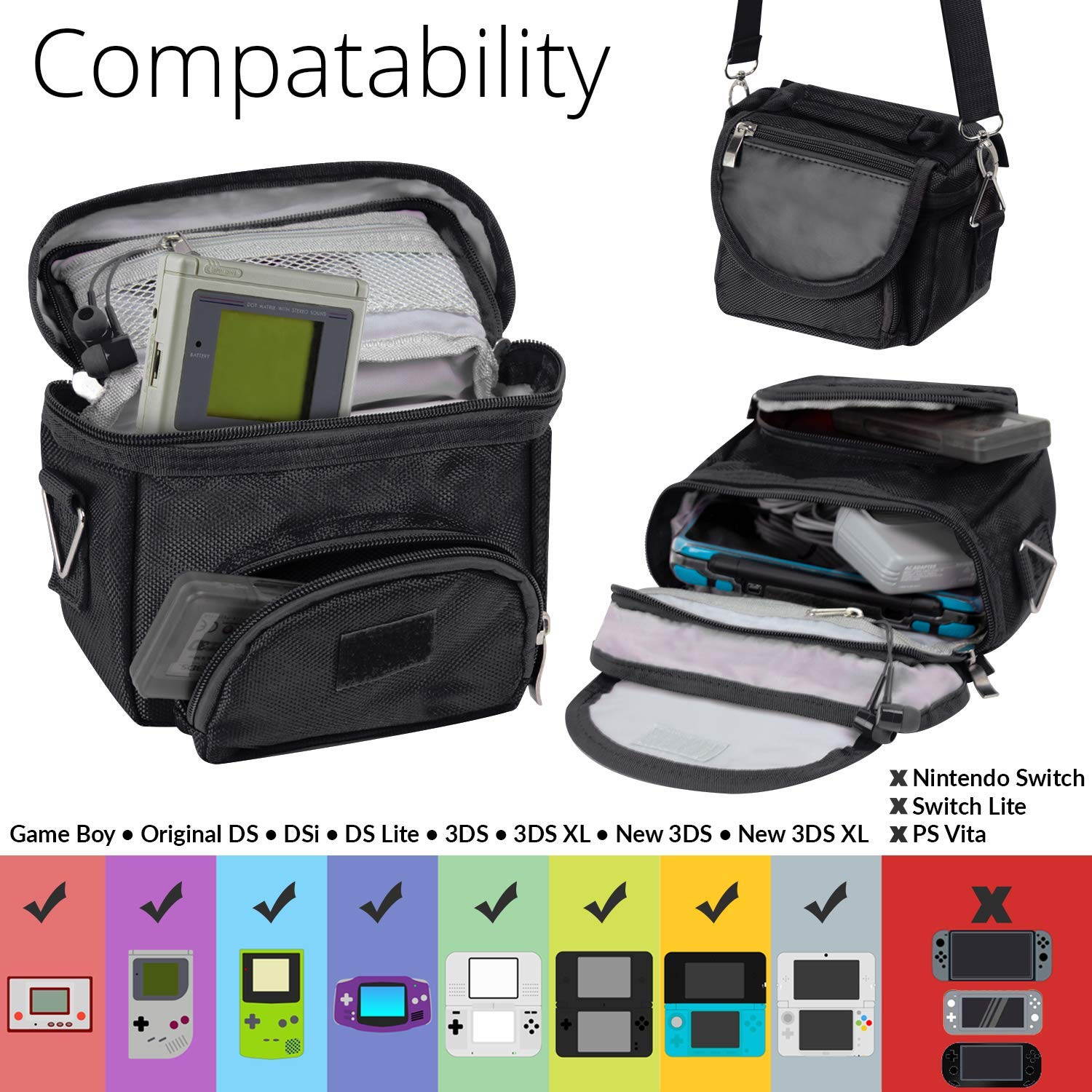 G-HUB Travel bag with Shoulder Strap, Carry Handle, Belt Loop for Nintendo DS Consoles DS / 3DS / DS Lite / 3DS XL / DSi - Black