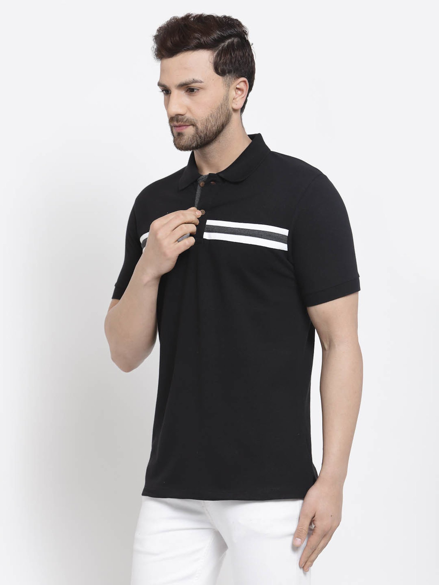 Kalt Black Regular Fit Striped Polo T-Shirt