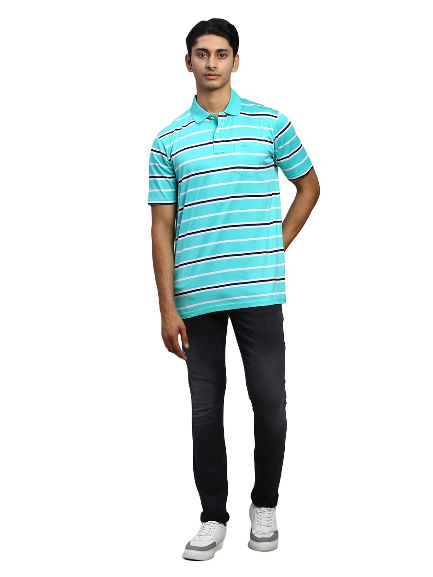 ColorPlus Green Cotton Classic Fit Striped Polo T-Shirt