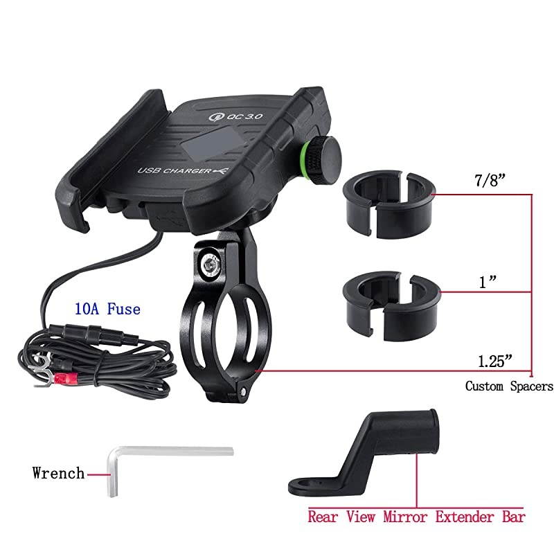 Motorcycle Phone Mount Charger USB 30 Socket Handlebar RearView Mirror Cellphone Holder Charger with Aluminium Mount Base for 12V24V Vehicles Compatible with 4065 Inch Smartphones