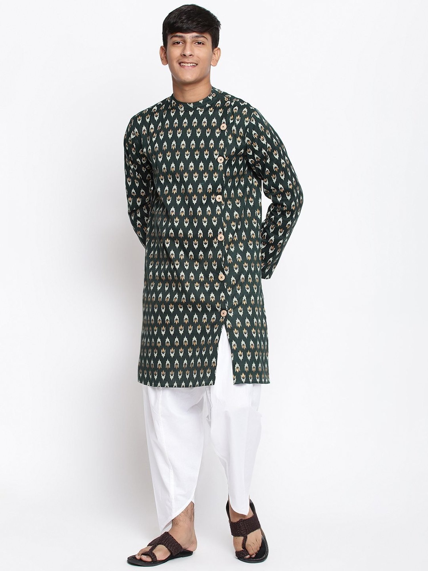 Lil Tomatoes Kids Green & White Cotton Printed Full Sleeves Kurta Set