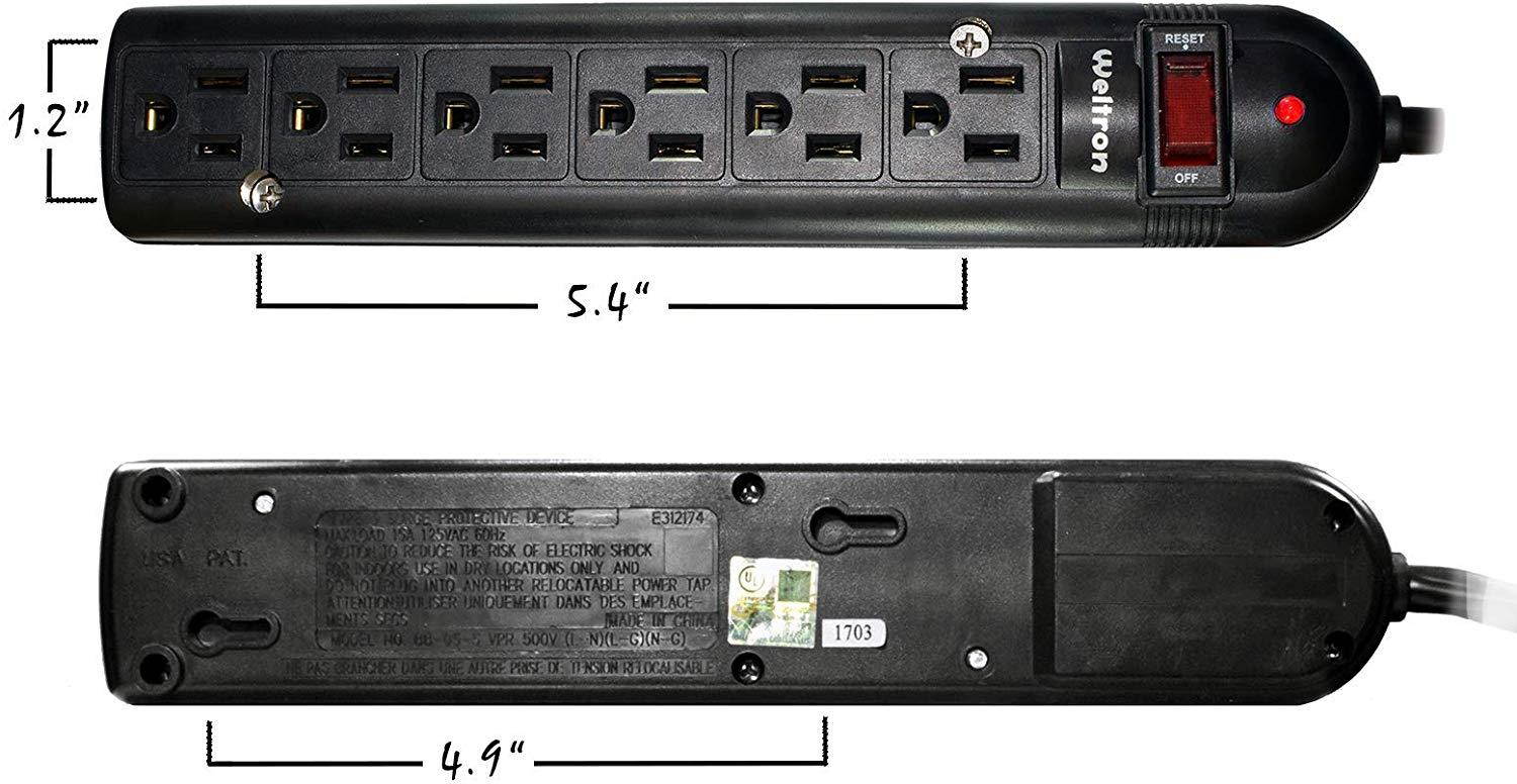 Weltron - Wall Mount 6 Outlet Surge Protector Power Strip 10 ft. Black (WSP-600PLF-10BK)
