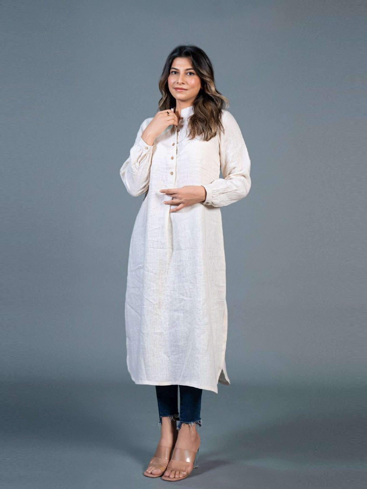 Eeshva India Beige Jabha Style Linen Kurta