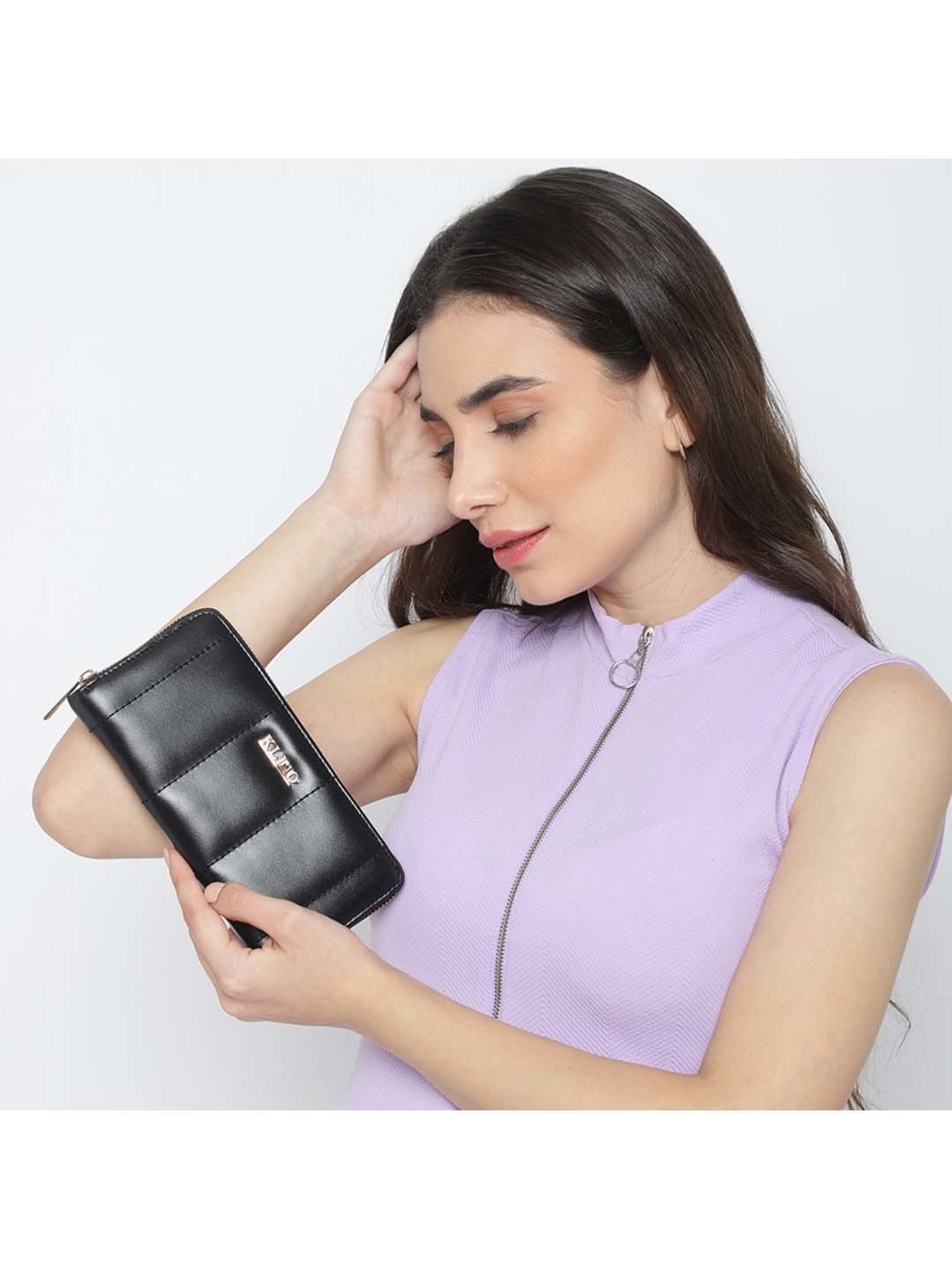 KLEIO Black Quilted Zip Around Wallet for Women