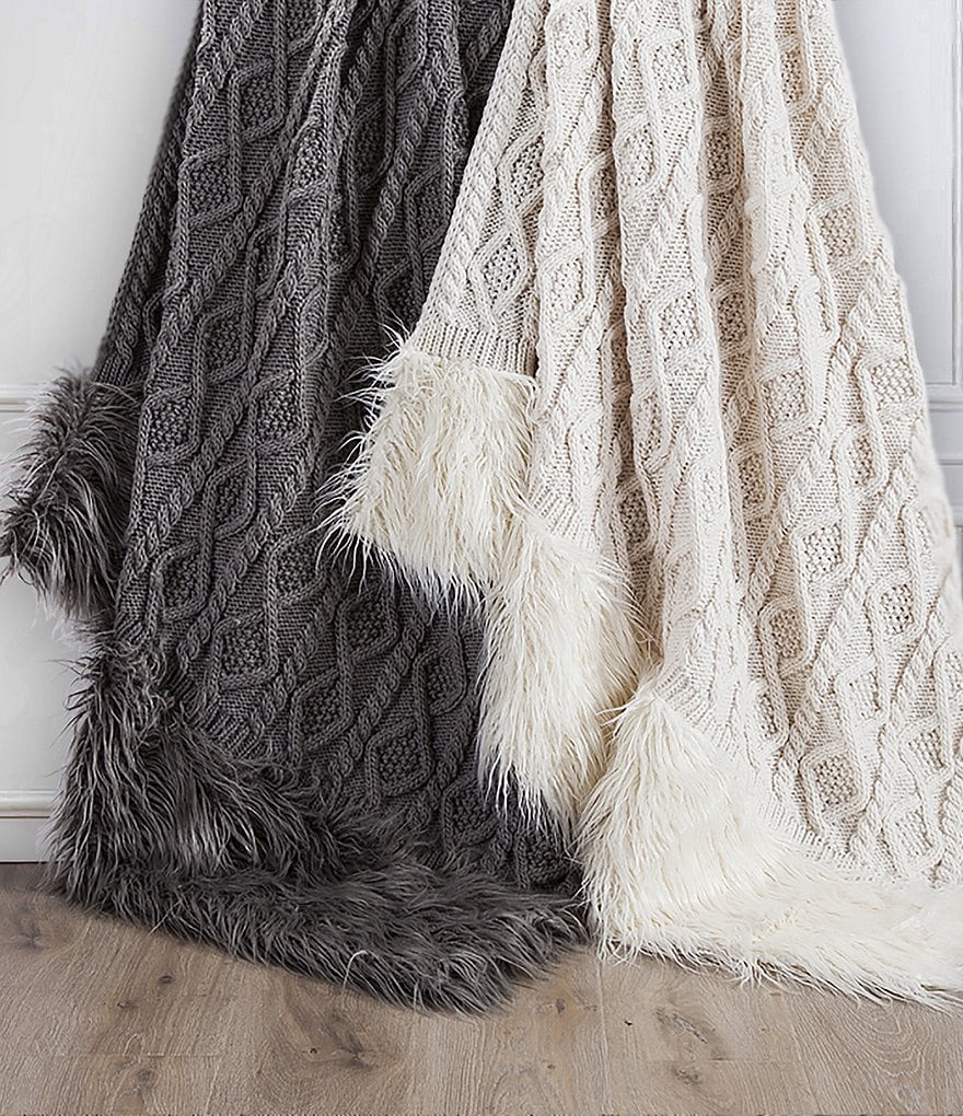 HiEnd Accents Cable Knit with Mongolian Fur Throw