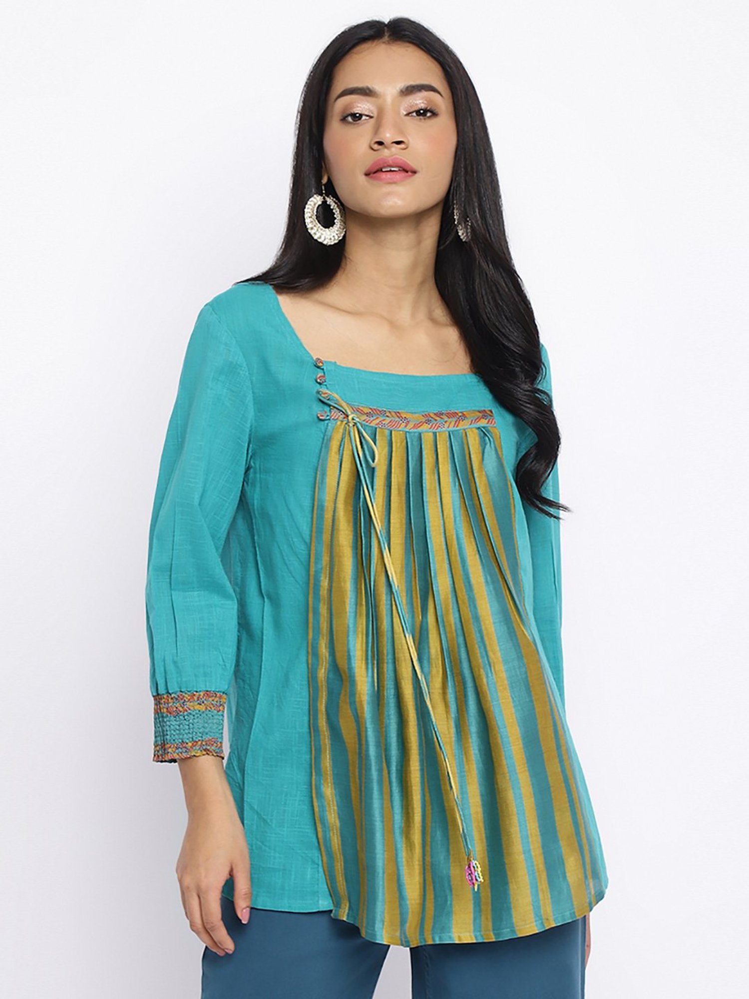 Fabindia Turquoise Cotton Printed Tunic
