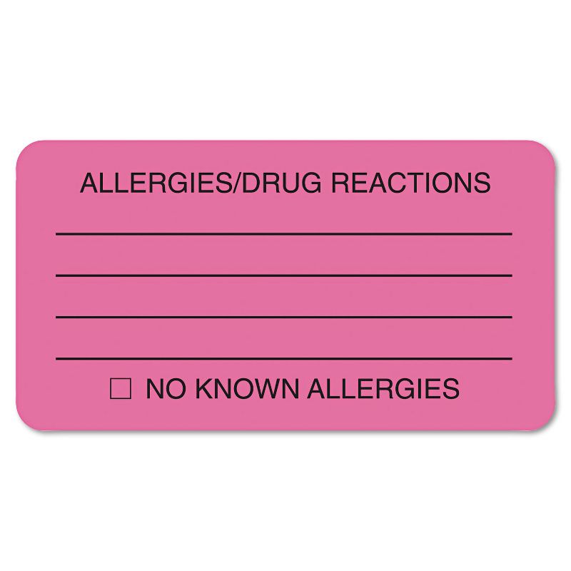 Tabbies Allergies/Drug Reaction Labels 1-3/4 x 3-1/4 Fluor Pink 250/Roll 01730