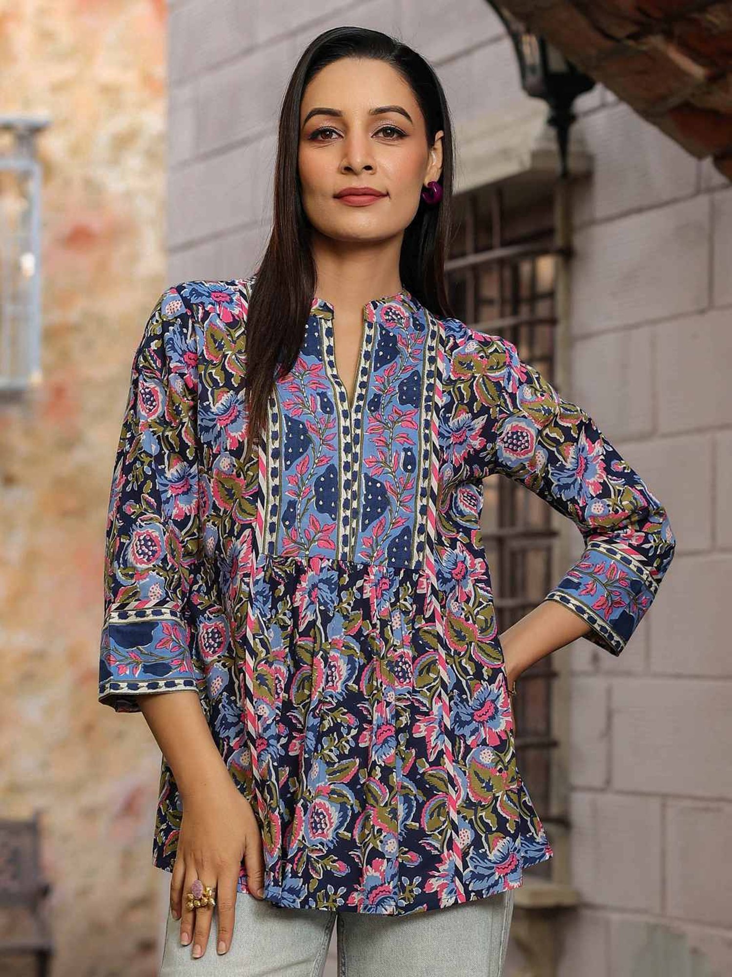 Rain and Rainbow Blue Cotton Floral Print Top