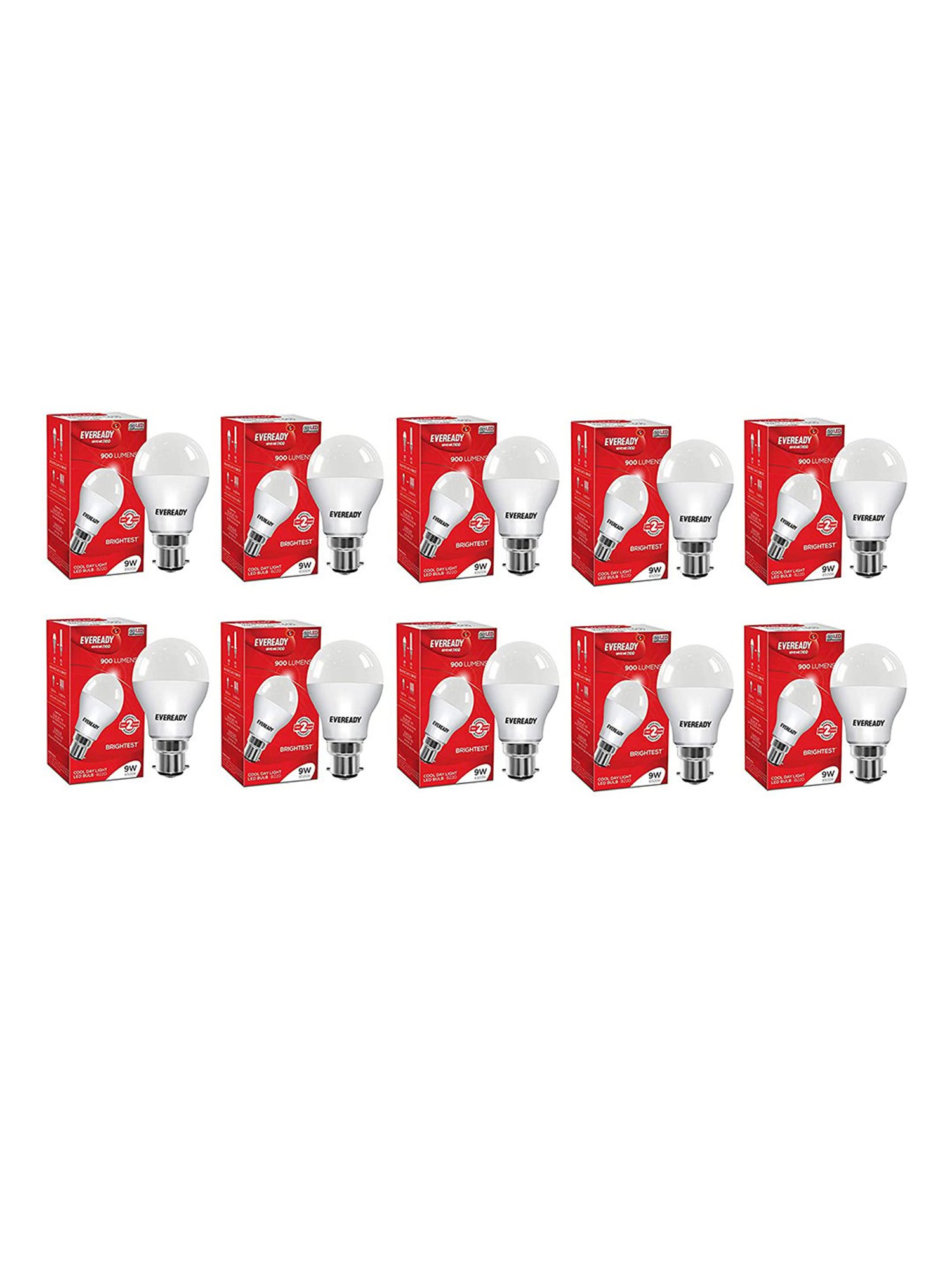 Eveready B22D 9W LED Bulb - Pack of 10 (8901691018034, White)