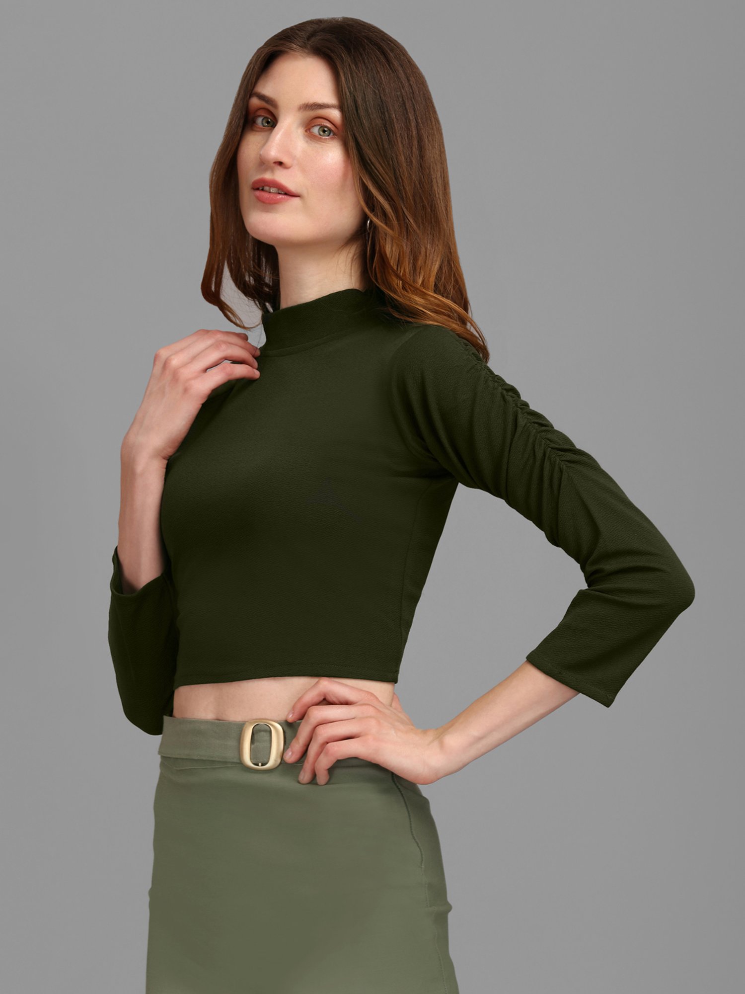 PURVAJA Dark Olive Regular Fit Crop Top