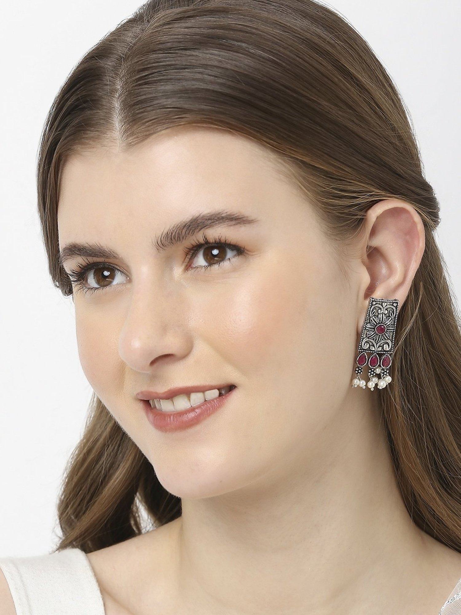 OOMPH Jewellery Oxidized Silver Look Alike Maroon & Pearls Geometric Floral Design Stud