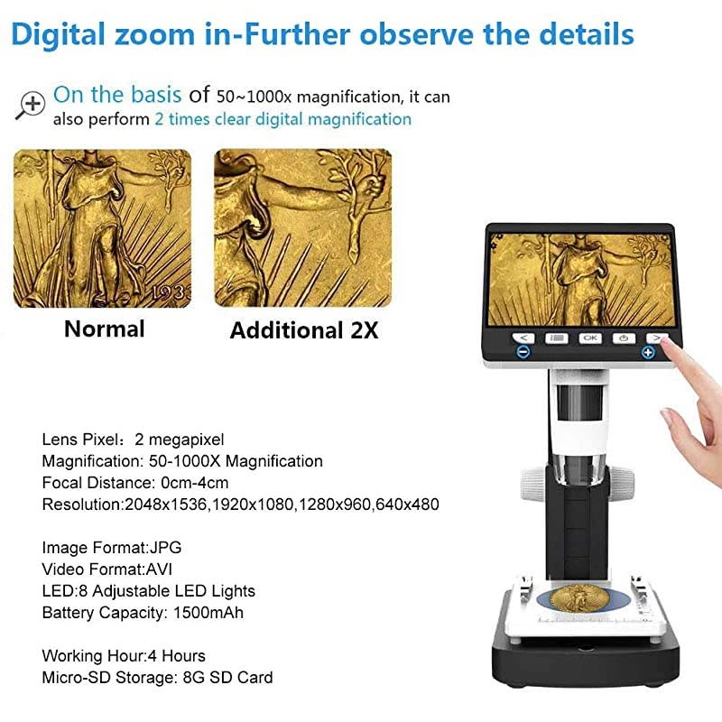 LCD Digital Microscope  43 Inch 50X1000X Magnification 1080P Compound Handheld Microscopes Camera with Rechargeable Battery Mini Hdmi Port 8 LED Lights 8G SD Card and Slides