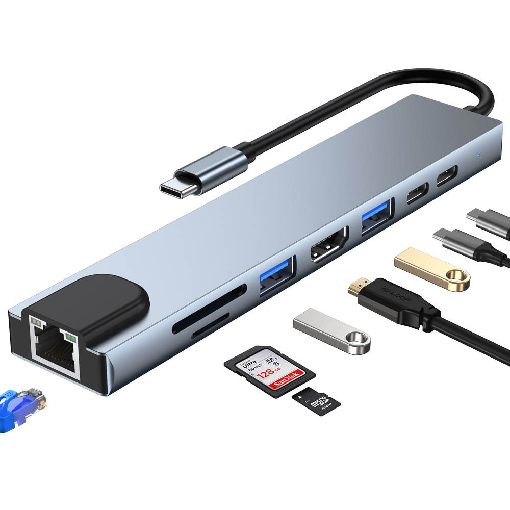 USB C Hub Multiport Adapter 8 in 1 Type C Docking Station Aluminum with 4K HDMI Output, RJ45, PD DATA Port, USB 3.0 Ports USB 2.0 Ports, SD/Micro SD Card Reader PD Charging Port Compatible for MacBook