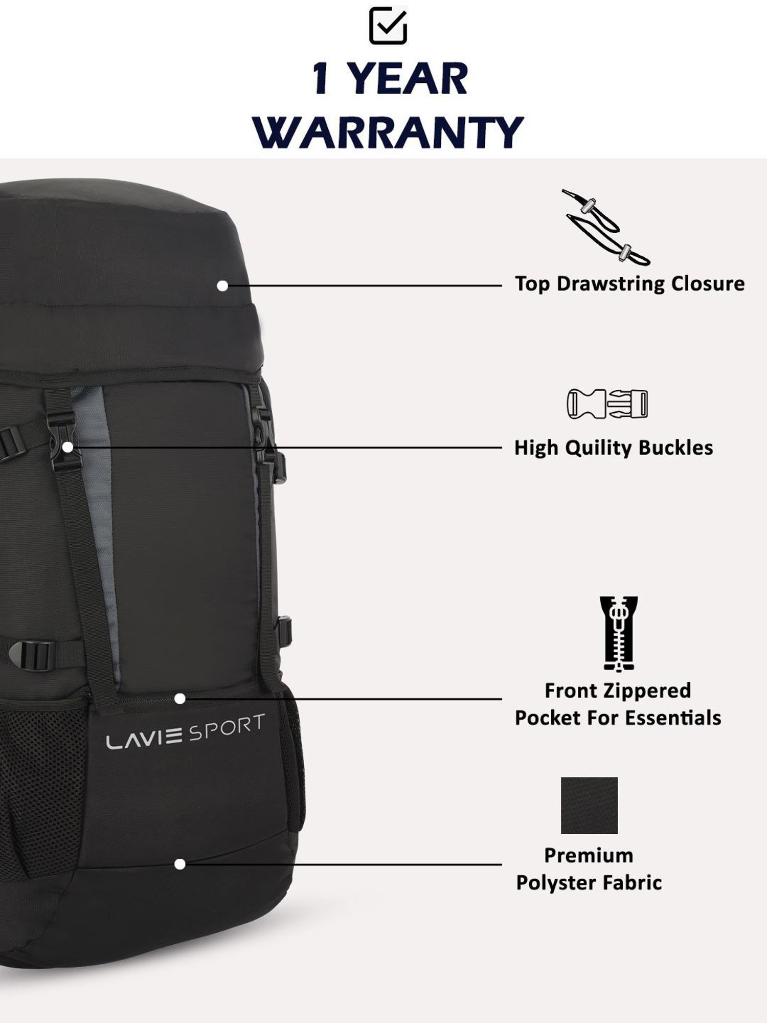 Lavie Sport Black Polyester Solid Rucksack - 45 Ltrs