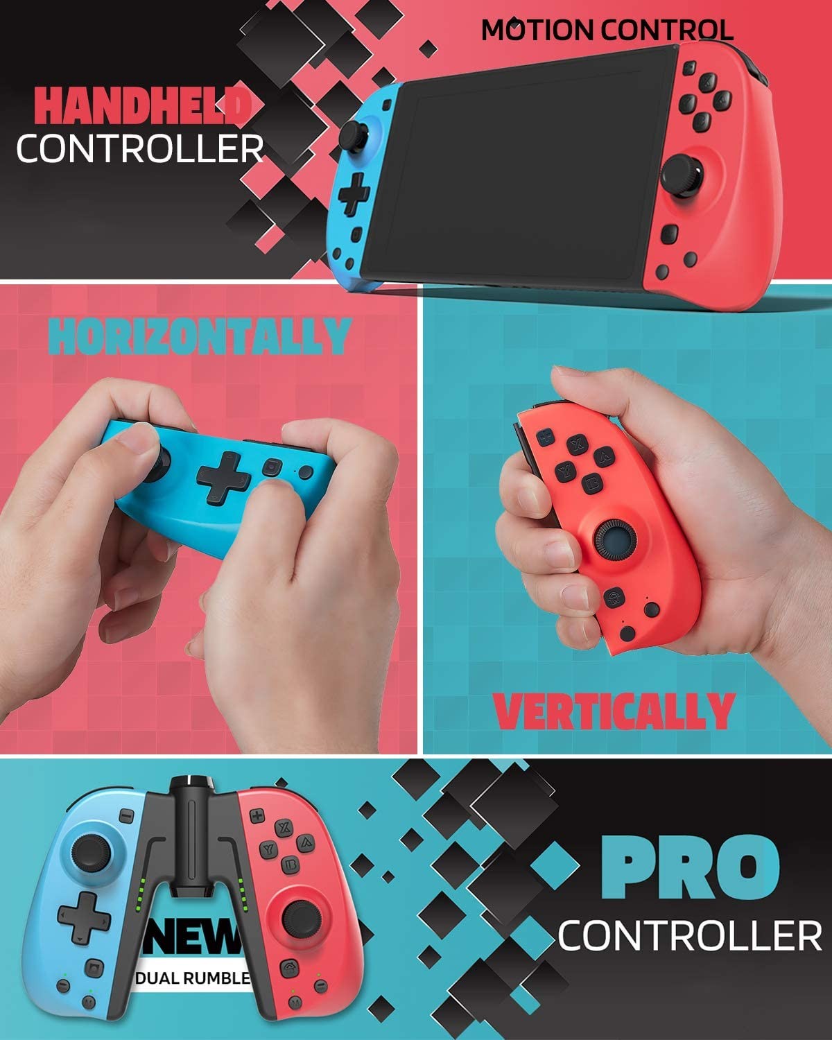 C25 Joy Pad Controller for Nintendo Switch, Replacement for Switch Joycon, Wired/Wireless Switch Controller, Programmable Macros, Turbo, Motion Control & Dual Vibration, Red and Blue with Grip