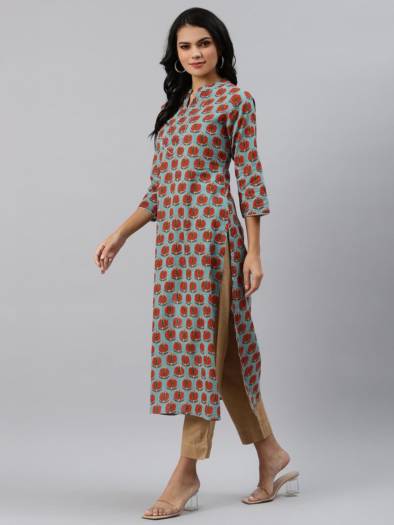 Sringam Green Cotton Embellished Straight Kurta