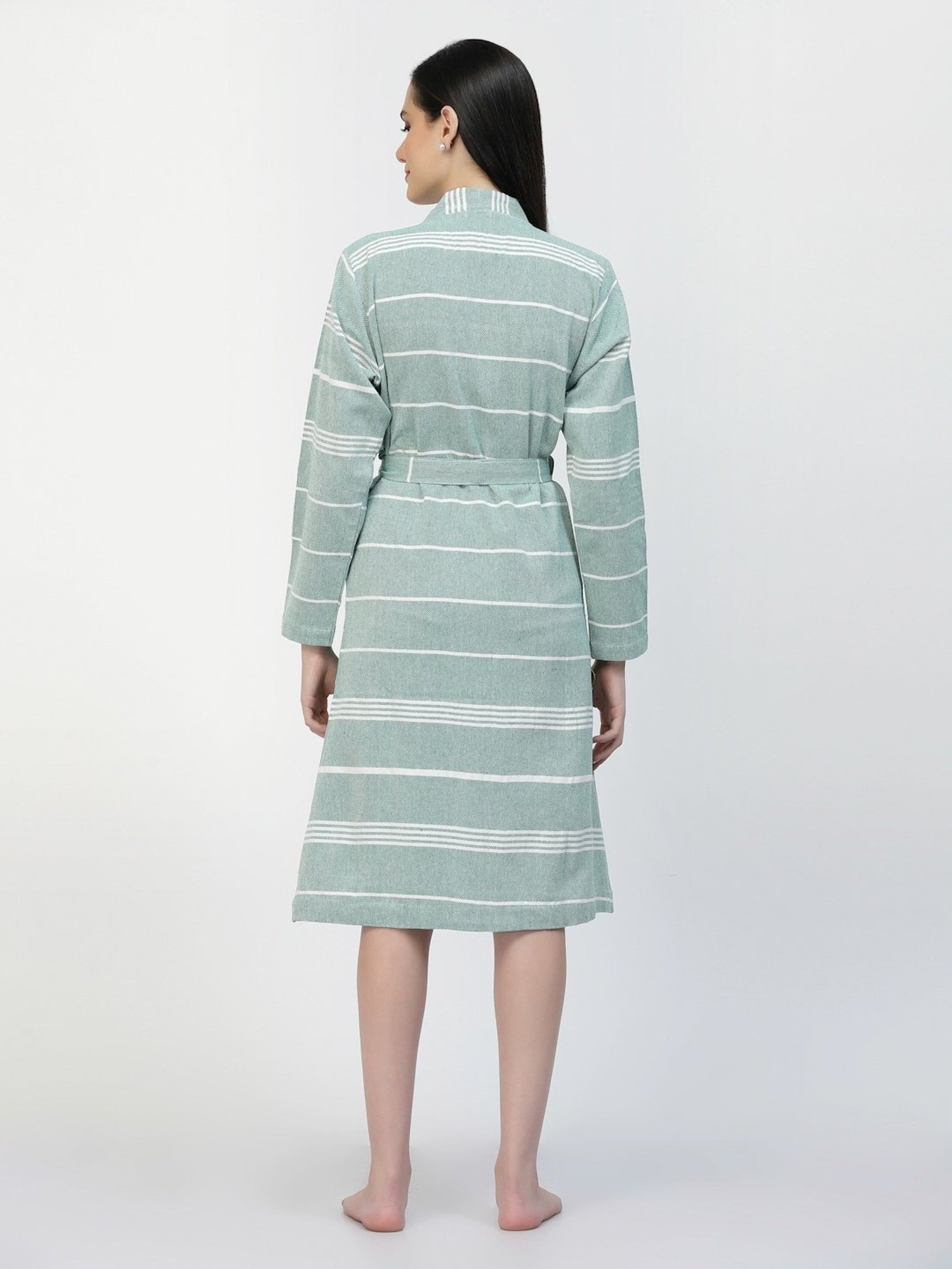 Klotthe Stripes Green 210 GSM Cotton Bath Robe with Belt