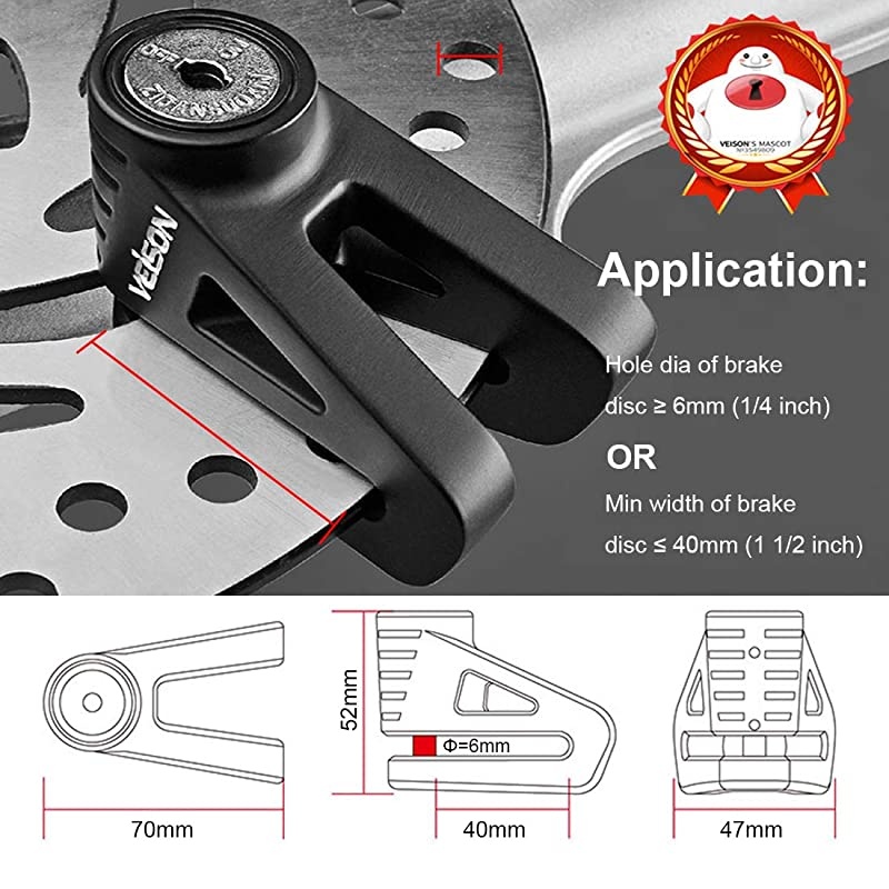 Disc Lock For Motorcycle and Bicycle With 6mm Lock Pin And Remind Cable Heavy Duty Body No Key To LockBlack