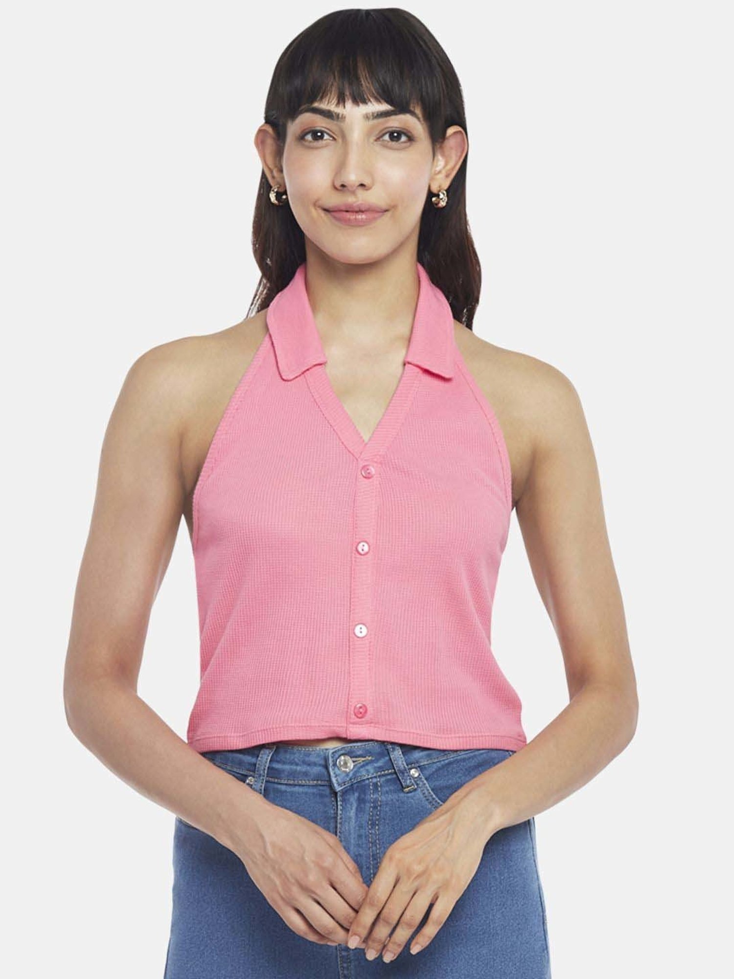 People by Pantaloons Pink Cotton Self Pattern Top