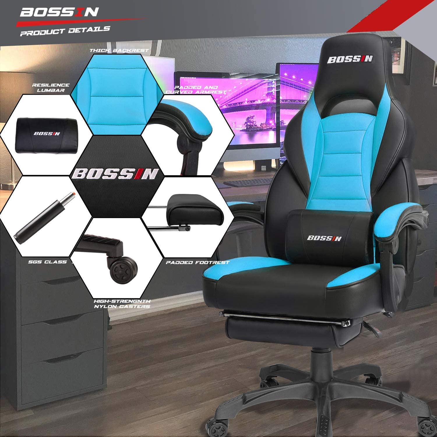 Gaming Chair, Racing Style Computer Desk Chair Padded Armrests Ergonomic Lumbar Support Adjustable Height