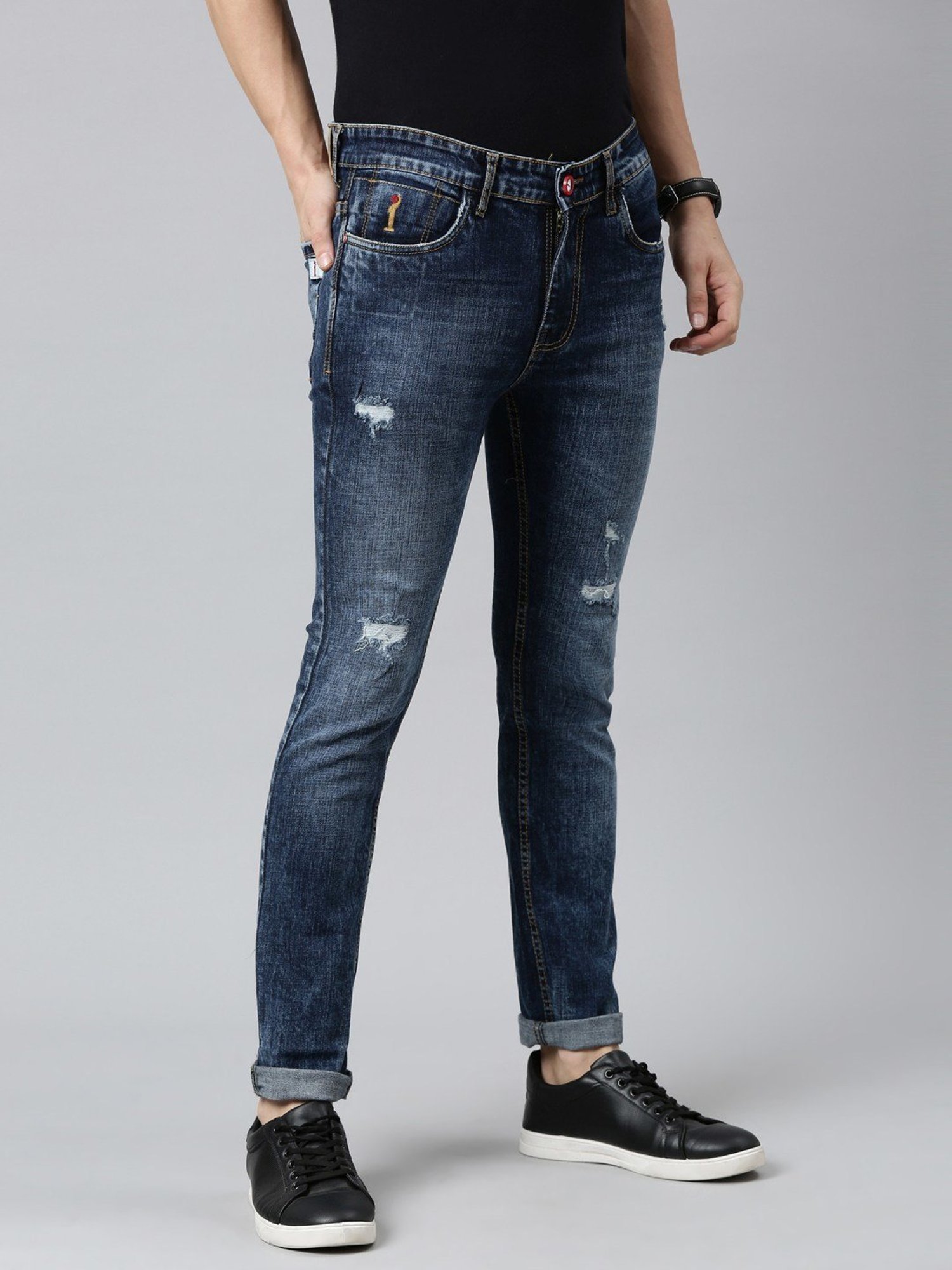 CINOCCI Blue Cotton Slim Fit Distressed Jeans