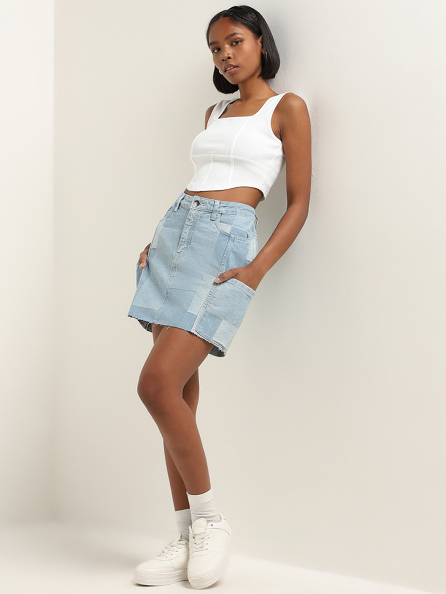 Nuon by Westside White Corset-Style Cotton Blend Top