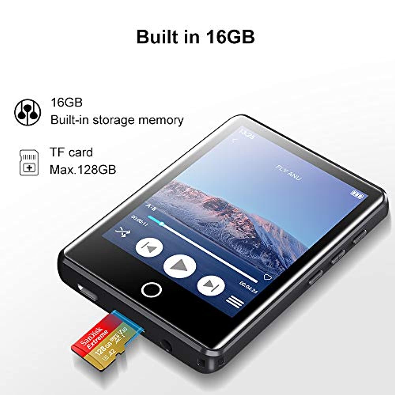 MP3 Player with Bluetooth 5.0, 2.8" Full Touchscreen 16GB Mp3 Player, HiFi Lossless Sound Music Player with Headphones, Built-in Speaker, FM Radio, Voice Recorder, E-Book, Expandable up to 128GB