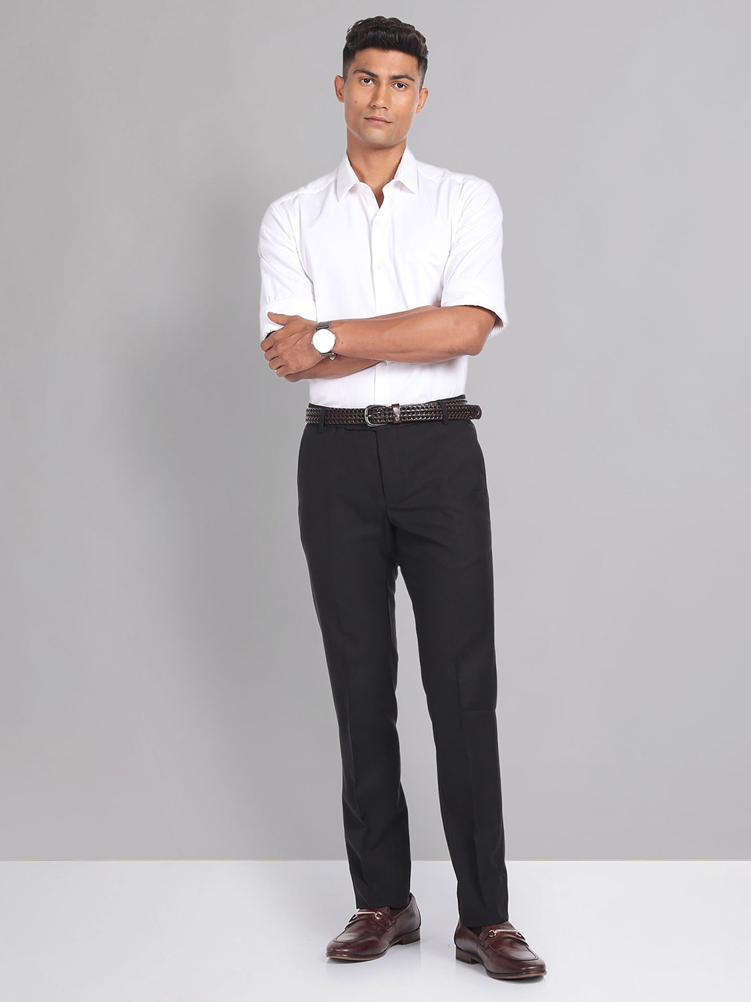 AD by Arvind Black Slim Fit Flat Front Trousers