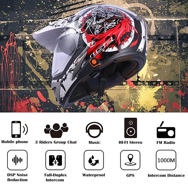 Bluetooth for Motorcycle Helmet Headset Wireless Intercom Interphone BTS2 WalkieTalkie Supports FM Radio GPS Voice Command Music HandsFree up to 3 Riders Communication in 1000mSingle