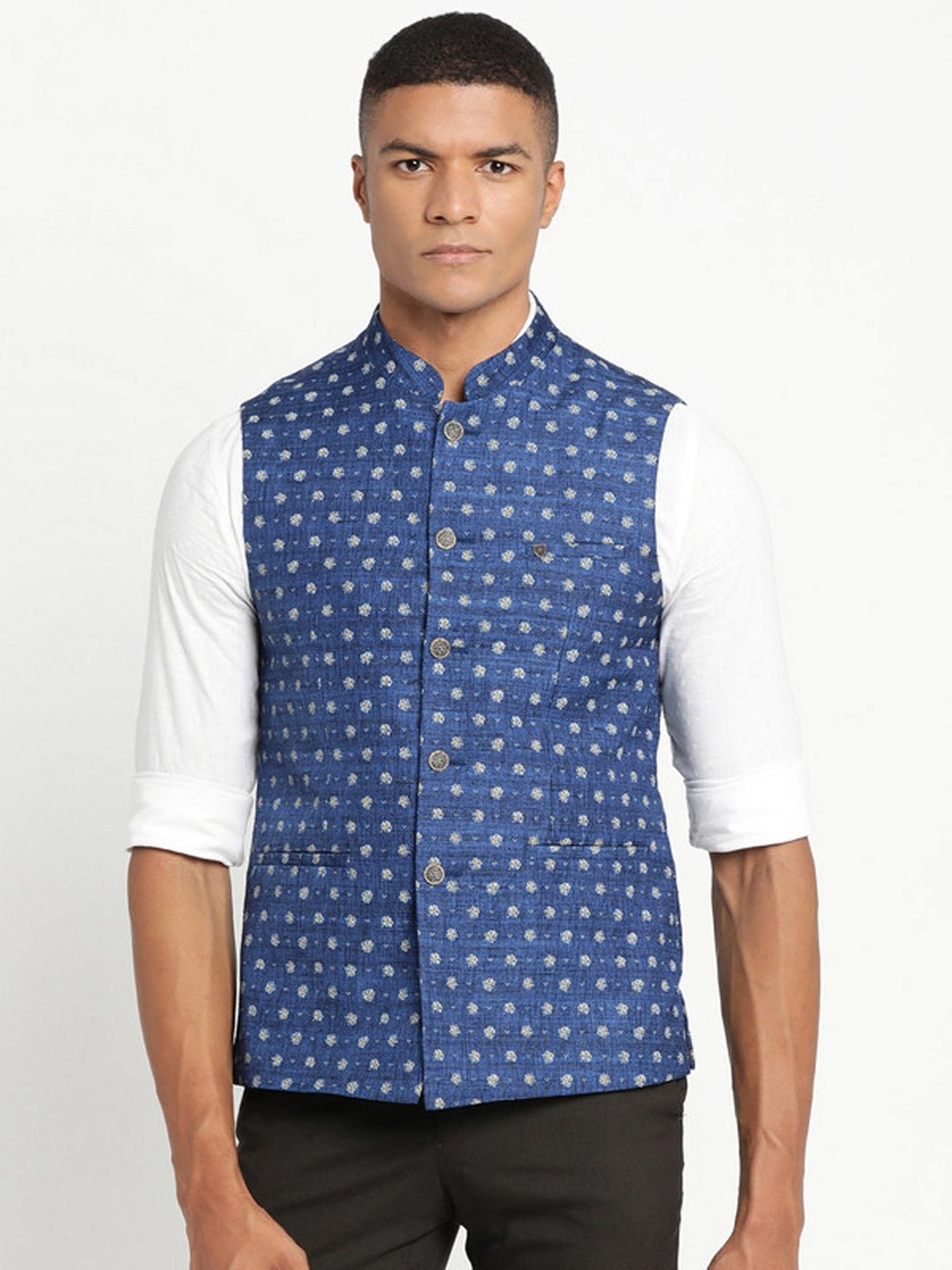 Turtle Blue Slim Fit Printed Nehru Jacket