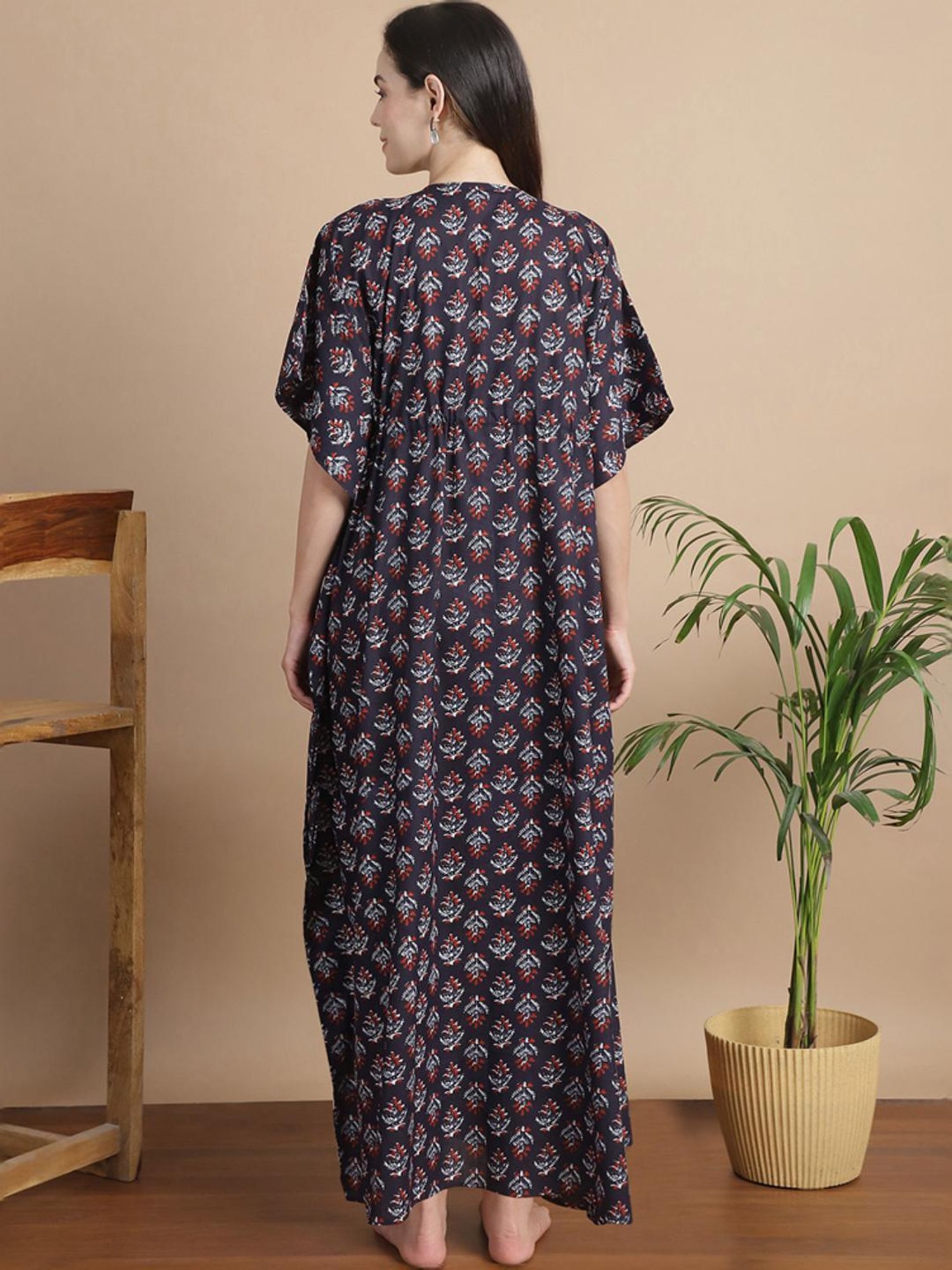 Secret Wish Navy Cotton Floral Print Kaftan