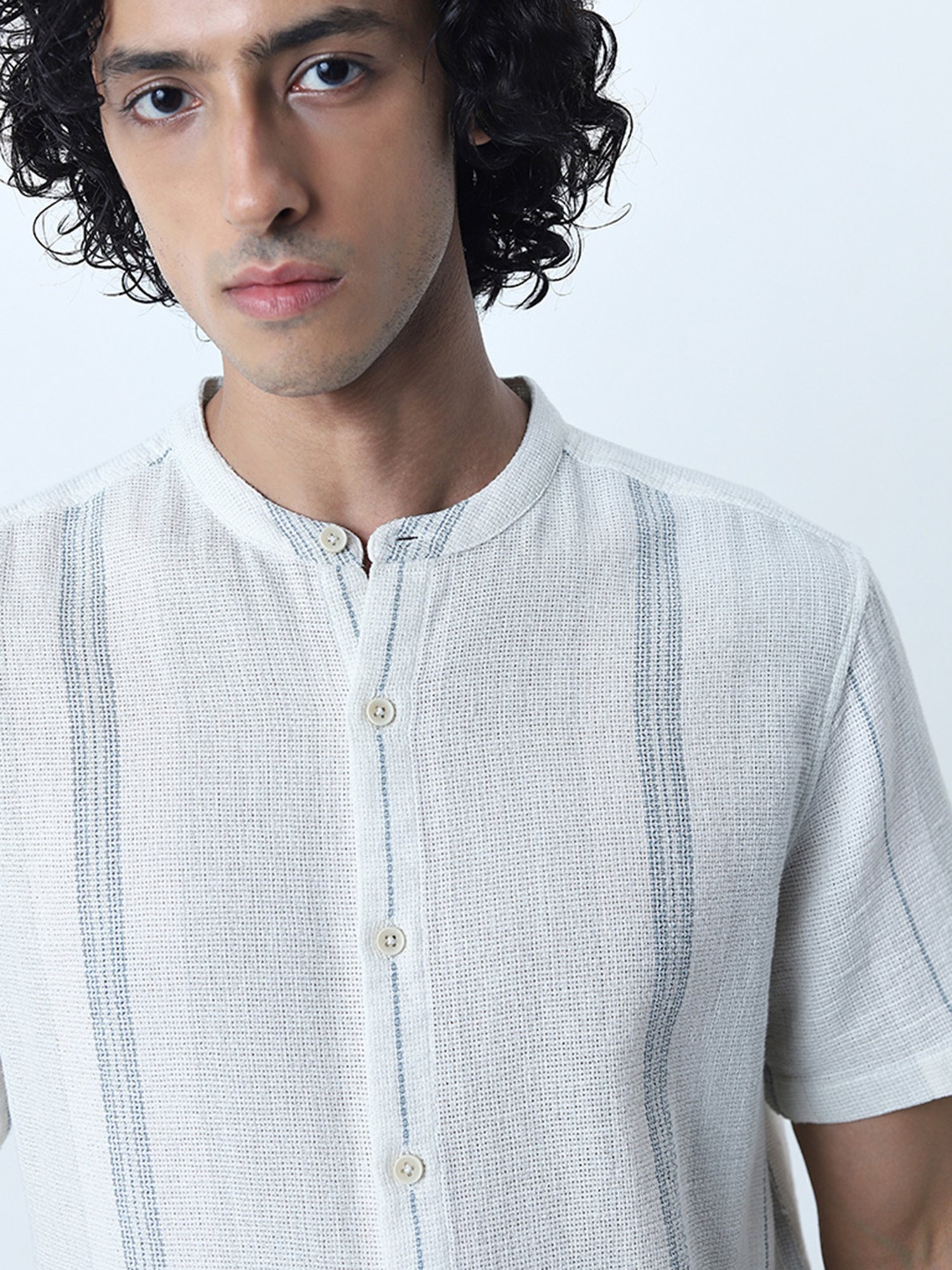 ETA by Westside Light Teal Striped Knitted Resort-Fit Cotton Shirt