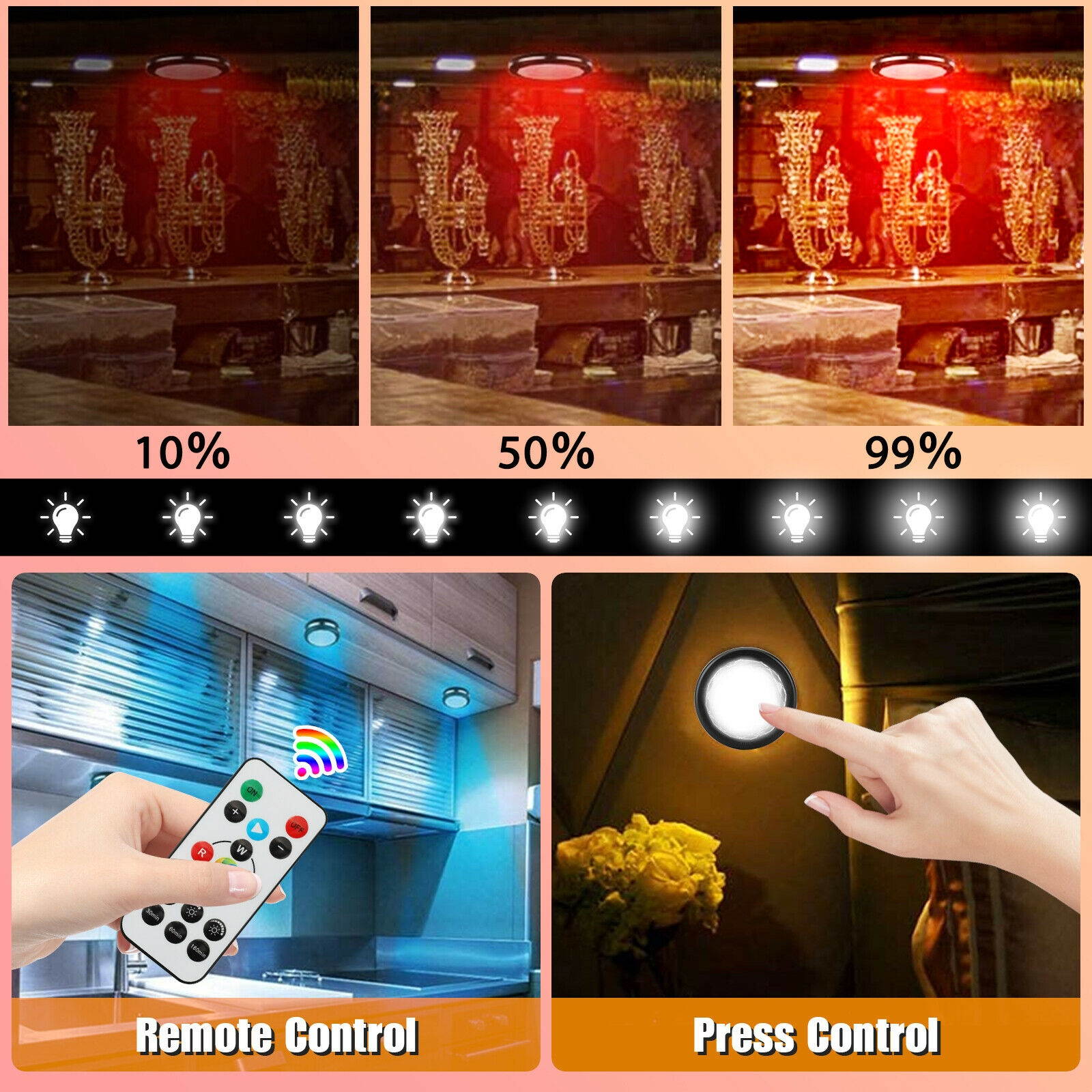 6Pcs Wireless RGB Puck LED Night Light Remote Battery Under Cabinet Closet Stick